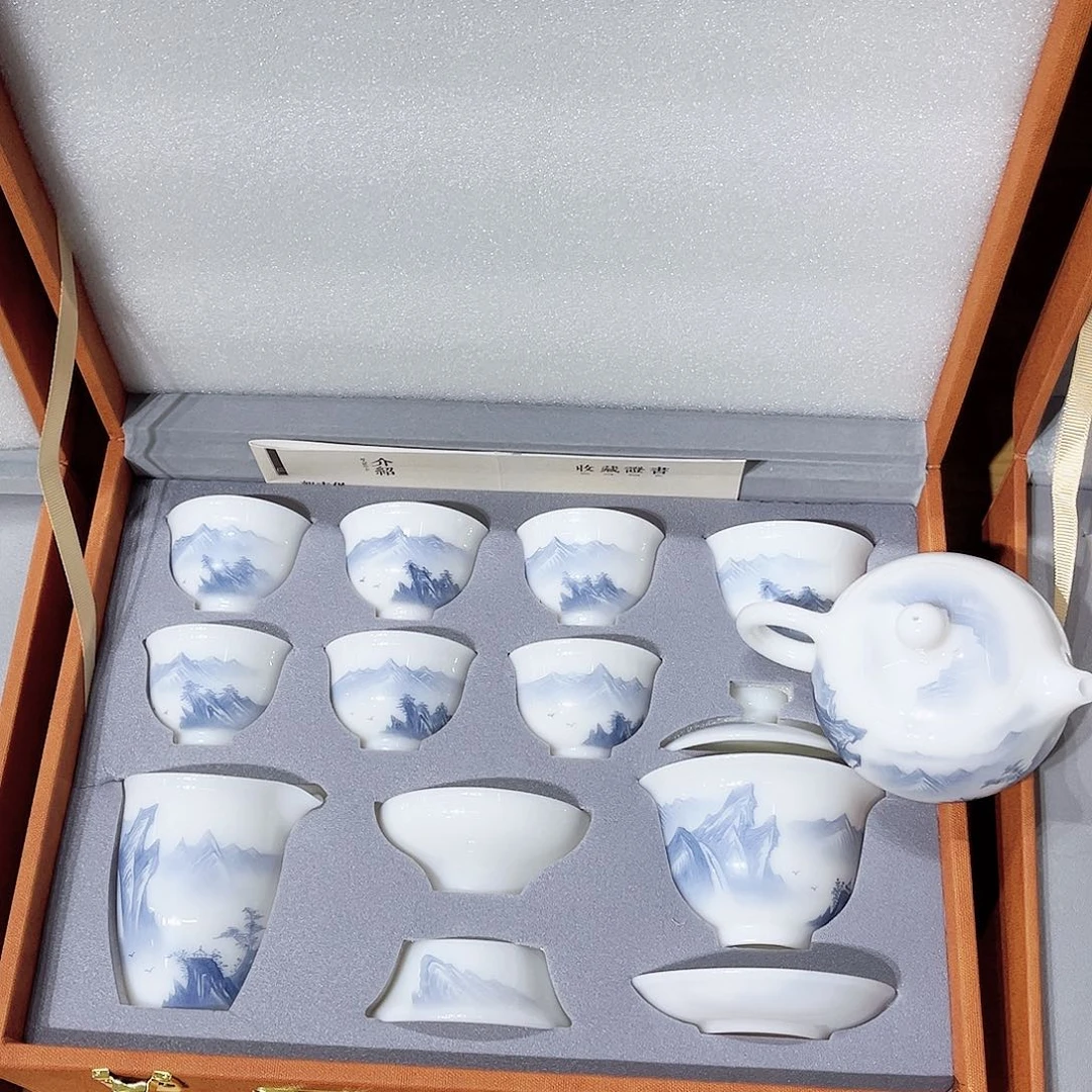 郭老师蓝色山水手绘盖碗➕西施壶套装不带礼盒