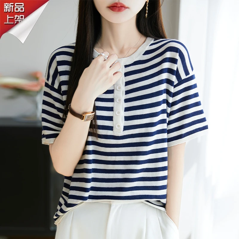 哥弟阿玛施正品夏季条纹蚕丝羊毛针织短袖纽扣圆领百搭休闲T恤