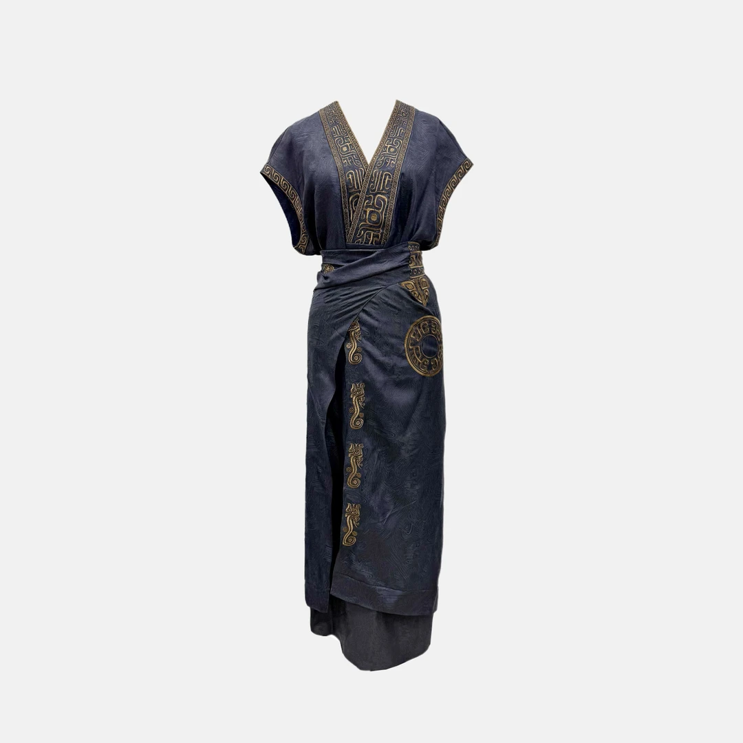 【等边·三星堆盘金绣系列】三星堆盘金绣桑波缎V领连衣裙DB-Q250048
