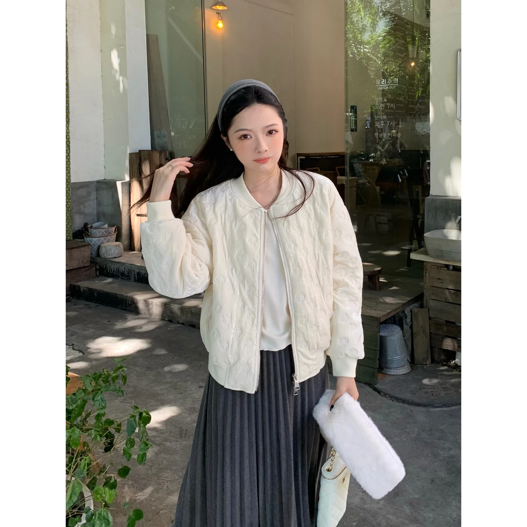YO定制冬季设计感百搭宽松丝绒夹棉棒球服小个子韩版时髦棉服外套