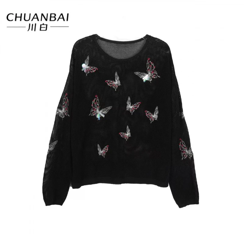 CHUANBAI 川白圆领镂空时尚桑蚕丝手工蝴蝶亮片套头衫-90066