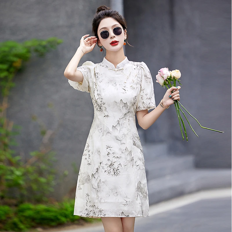 新中式改良小个子精致白色水墨画旗袍连衣裙