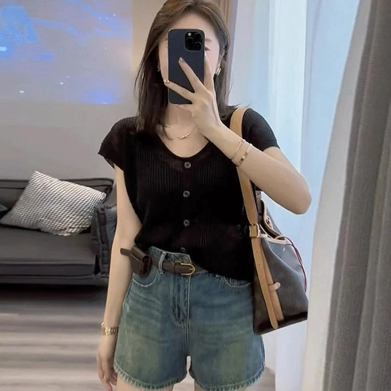 洋气复古U领针织短袖t恤女2025年夏季新款宽松显瘦百搭小衫上衣