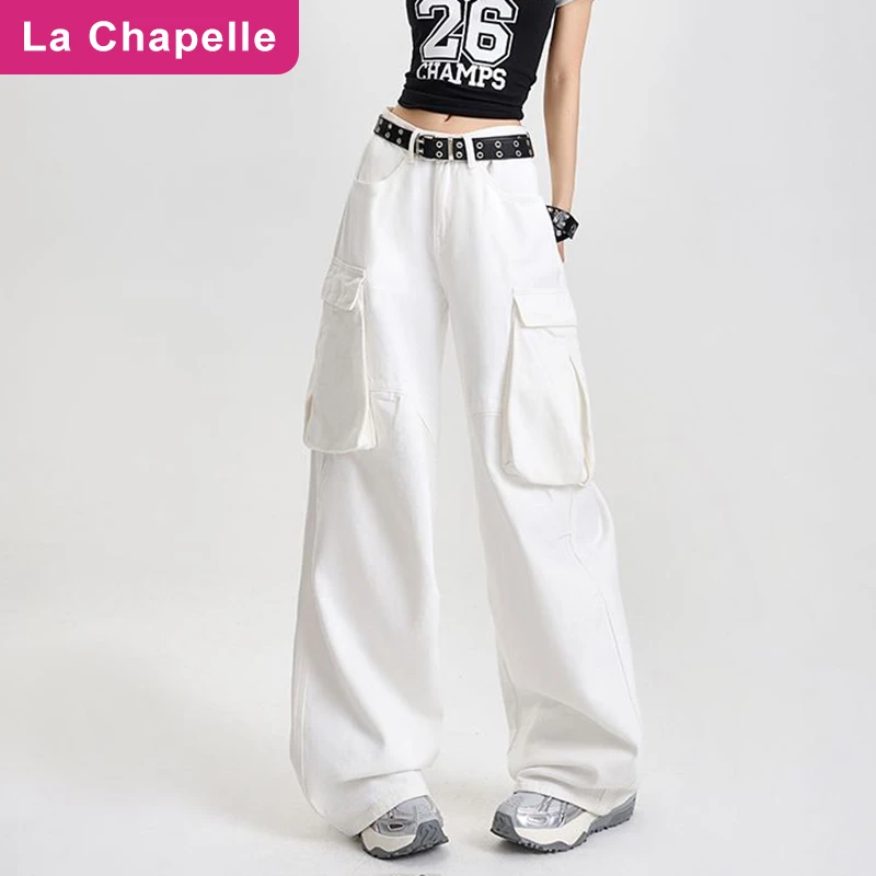 拉夏贝尔直筒阔腿牛仔裤女春夏新款舒适透气多口袋宽松工装拖地裤