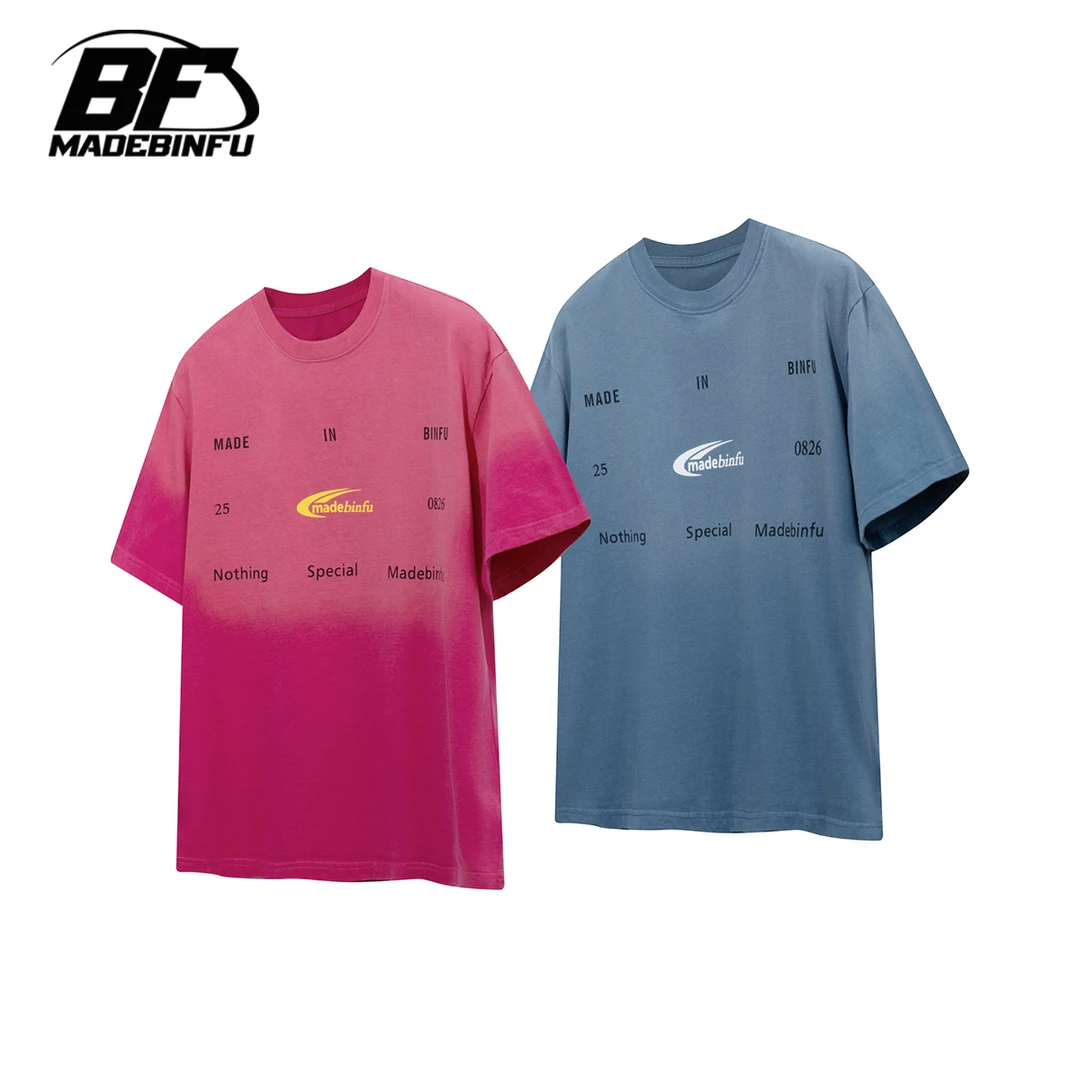BINFU 国潮2025年春夏新渐变做旧宽松字母印花宽松情侣装短袖T恤