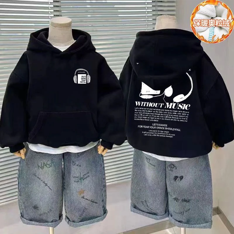 男童韩版连帽加厚卫衣宝宝2026年冬季新款中大童洋气加绒保暖上衣