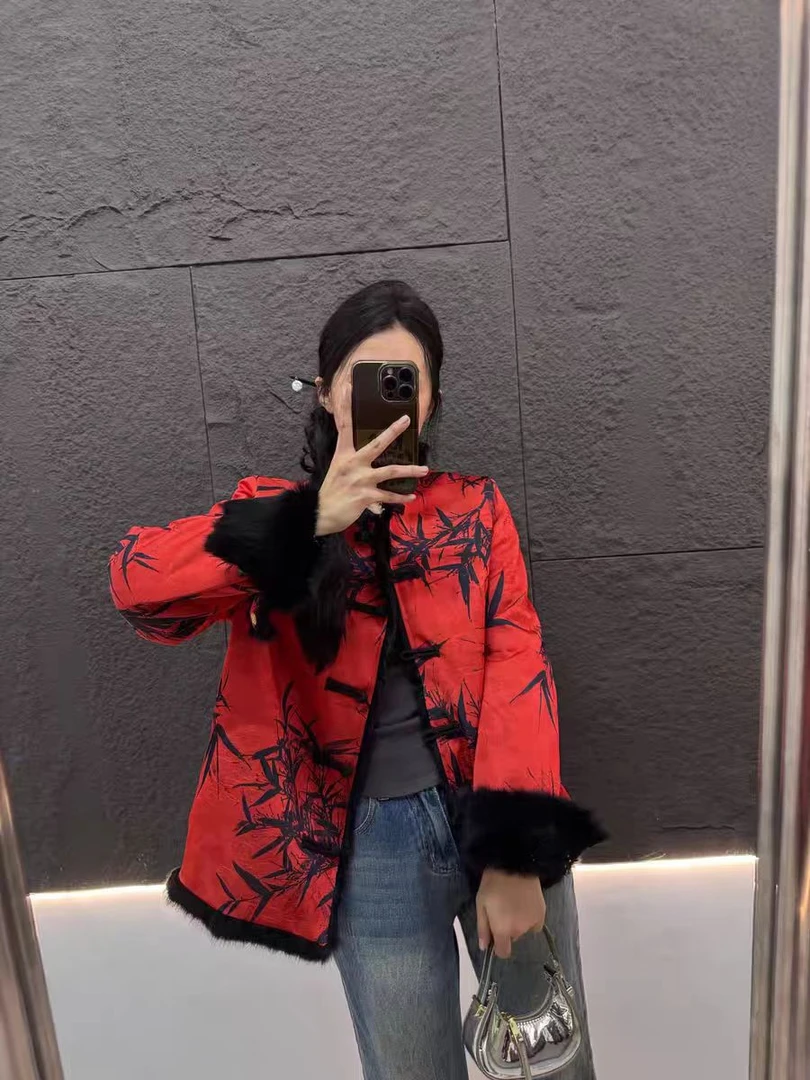 新年款中长外套新中式红竹双面穿秋冬国风毛毛外套