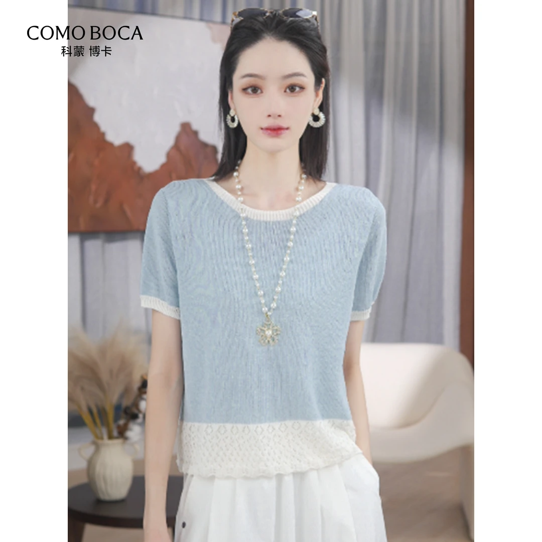 【蓝调】25夏时尚洋气镂空拼接圆领T百搭针织衫女KXTZP25C01