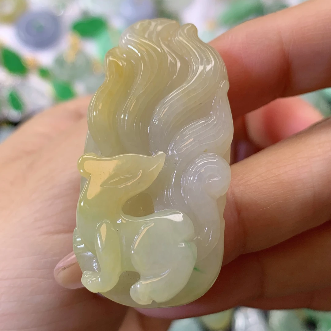 缅甸天然翡翠a货黄翡九尾狐吊坠43.9×23.3×9
