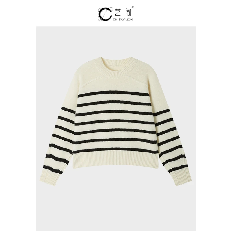 【芝阁】法式慵懒条纹圆领纯山羊绒毛衣ZG1300018