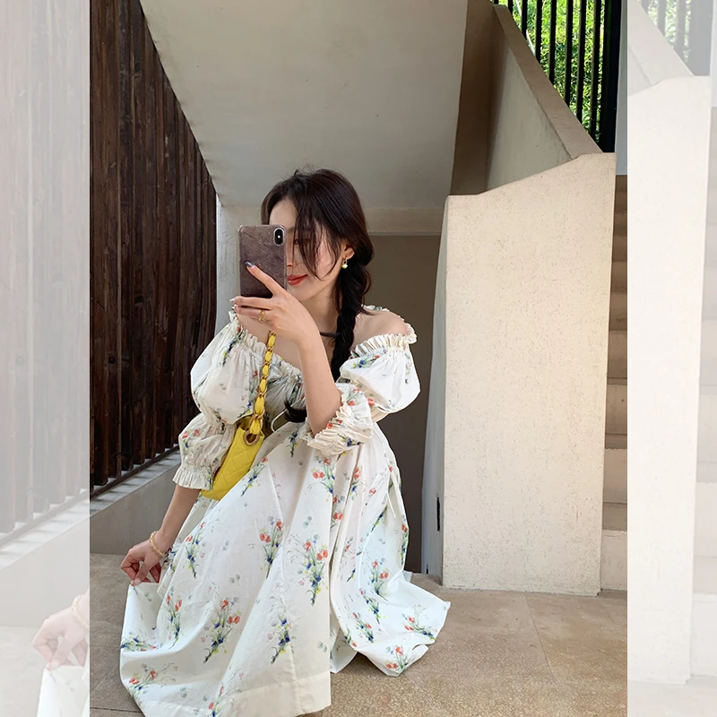 夏季序曲-重工打揽 纯棉印花收腰连衣裙长裙子QL242041
