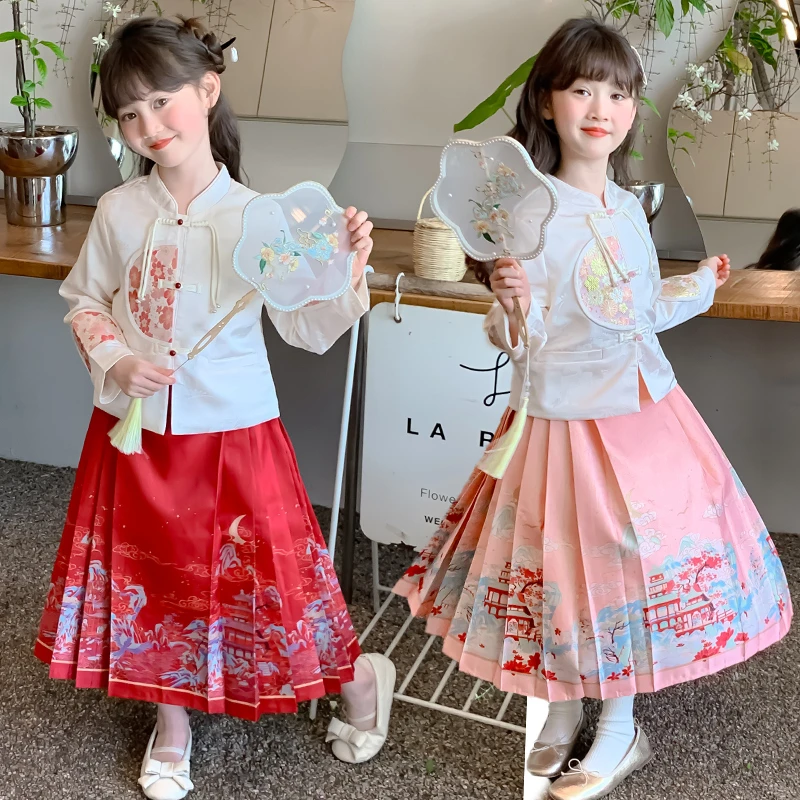 女童春秋新款套装中大童中国风唐装儿童时尚洋气新中式裙子两件套