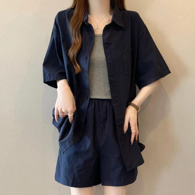 大码女装2025超火夏搭配一整套工装风藏蓝短袖衬衫外套短裤三件套
