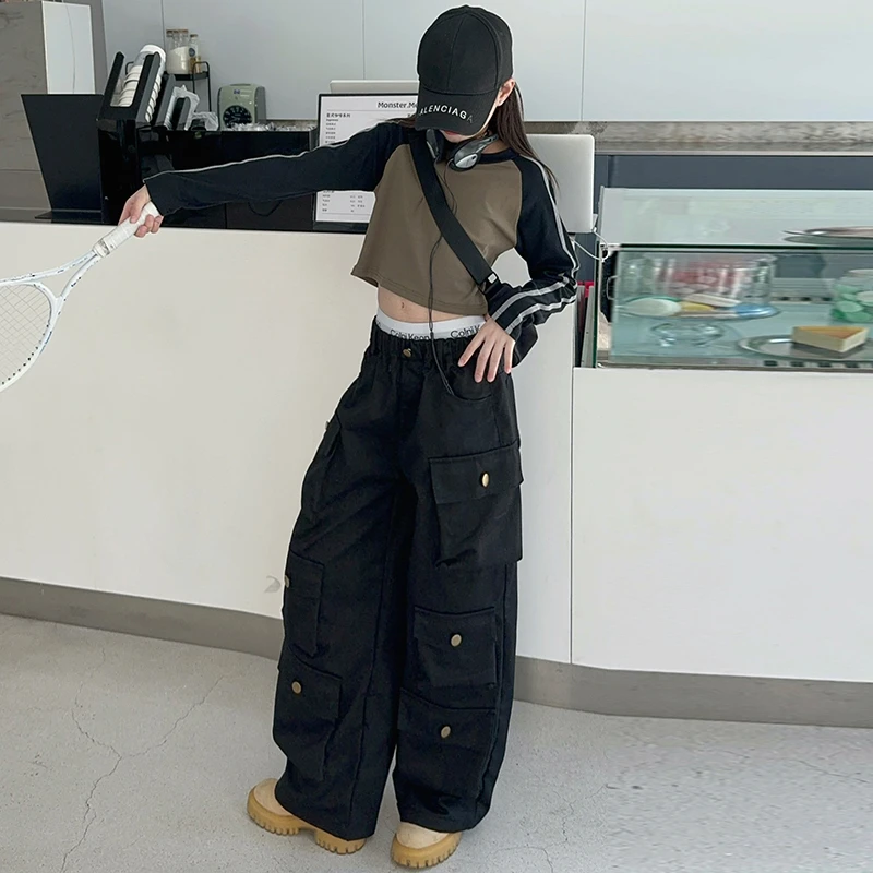 女童春秋休闲直筒工装裤套装初中生女孩6-12岁洋气修身打底衫上衣