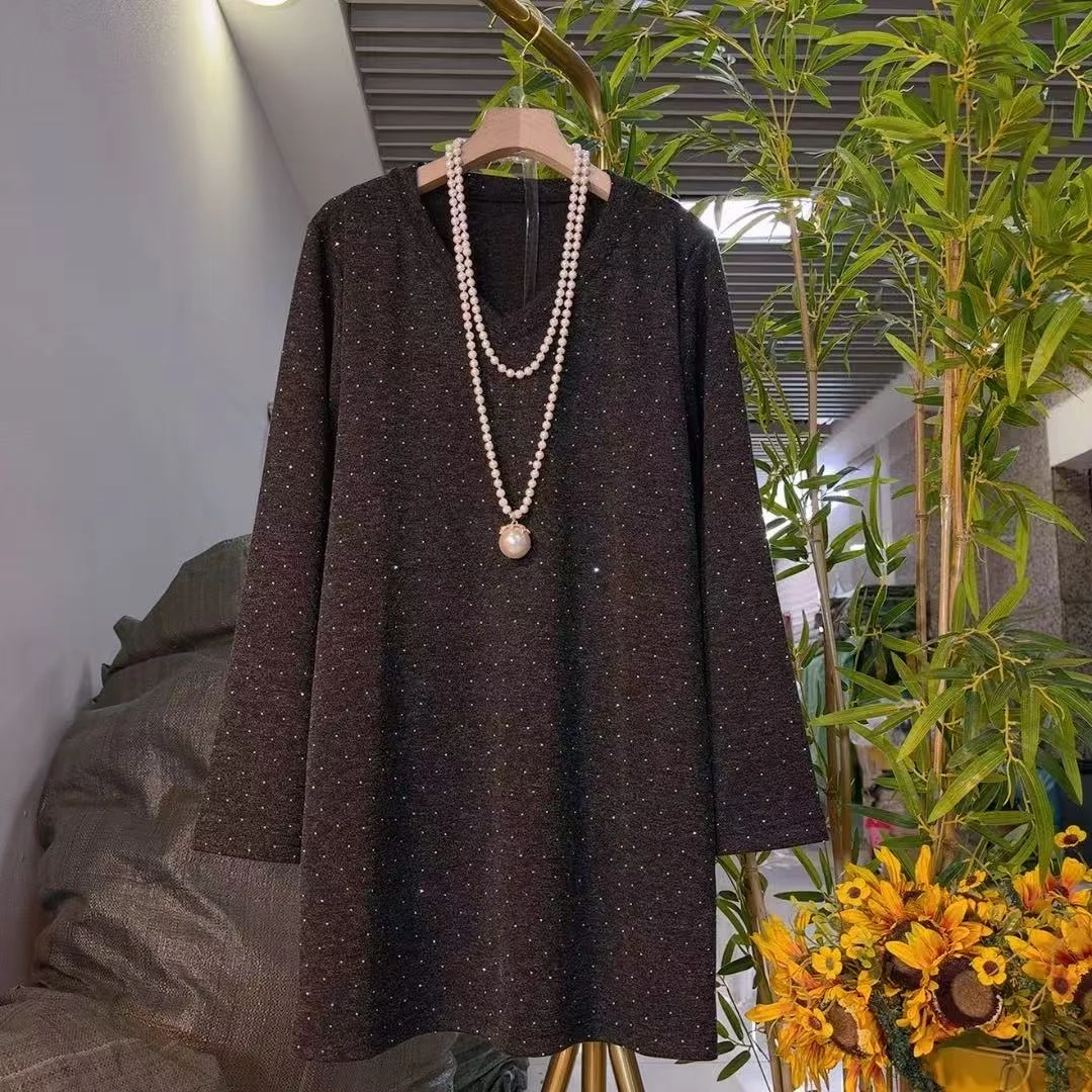 欧货气质V领亮晶晶长款T恤微胖大码遮肉显瘦欧韩新款2903