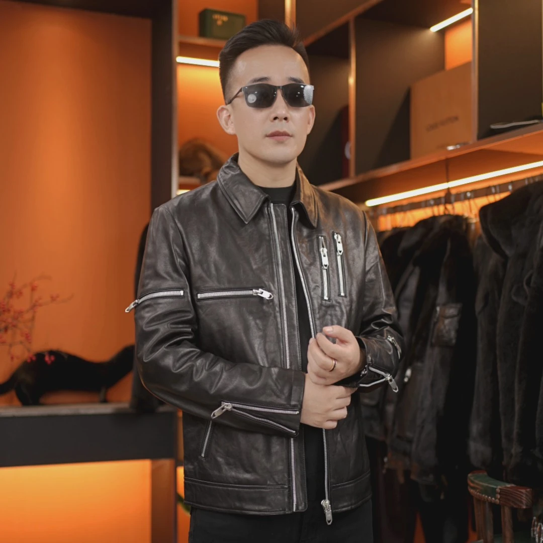 （LF家）奢品级真皮皮衣男进口平纹头层山羊皮男装休闲轻奢外套