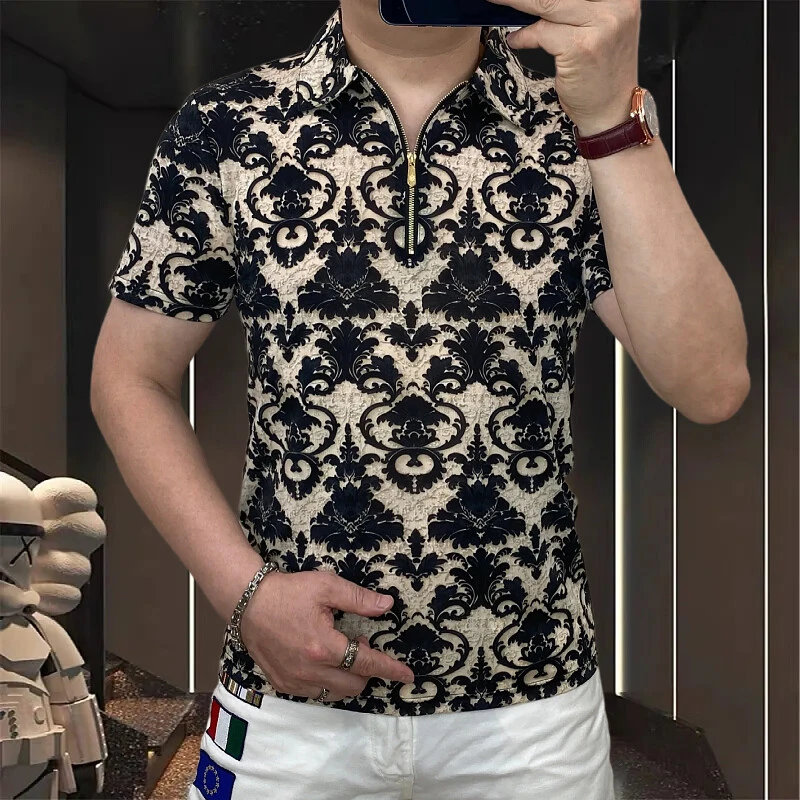 破洞休闲拉链款时尚POLO衫男士帅气个性花纹短袖T恤冰丝半袖欧货