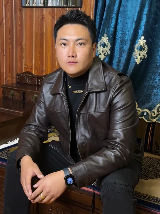 【诺荣】男士头层牛皮皮衣  翻领休闲皮衣黑色