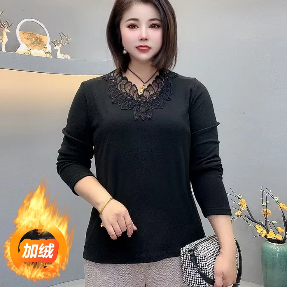 2025大码加绒打底衫冬季高弹遮肉刺绣显瘦保暖洋气质蕾丝小衫女装