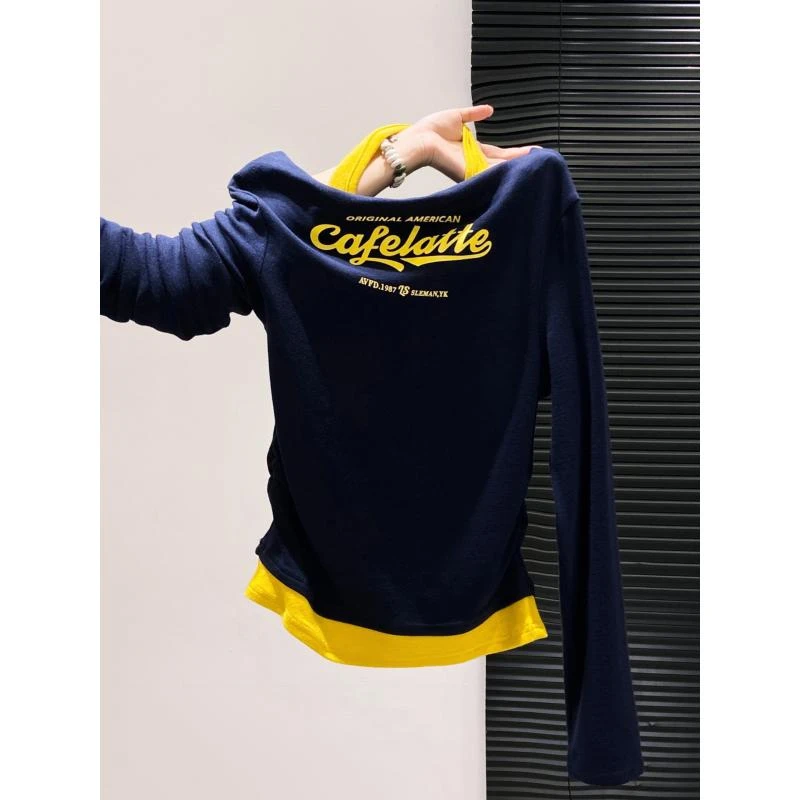 百搭美式辣妹挂脖假两件长袖t恤女2025早秋收腰显瘦露肩短款上衣