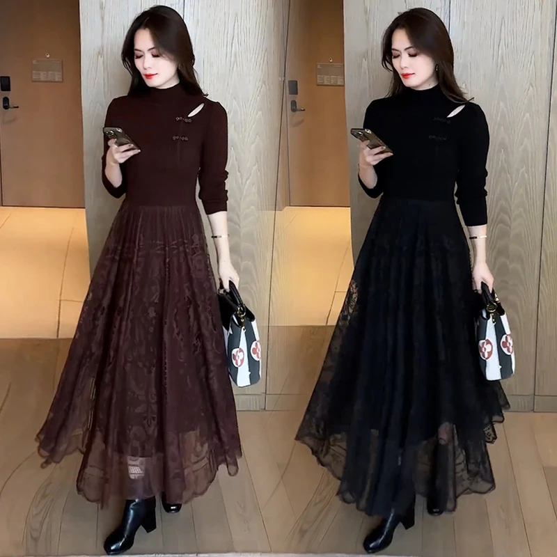 时尚洋气打底连衣裙女2025秋冬新款中长款高级感蕾丝拼接针织裙子