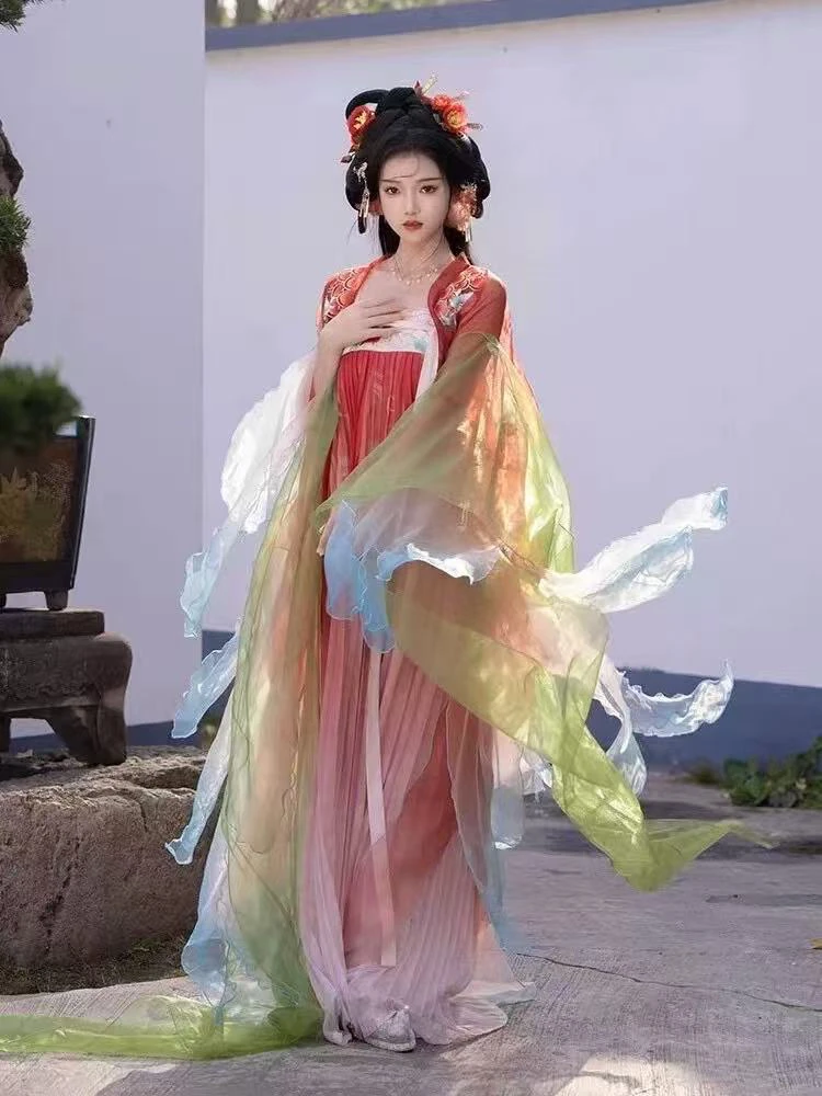 【山茶龙龙】现货红色齐胸裙大袖衫花瓣拖尾汉服女装春款