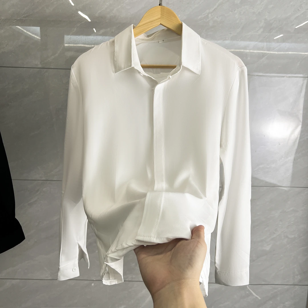 秋季无痕暗扣白衬衫男垂感长袖发型师纯白宽松休闲雪纺衬衫小清新