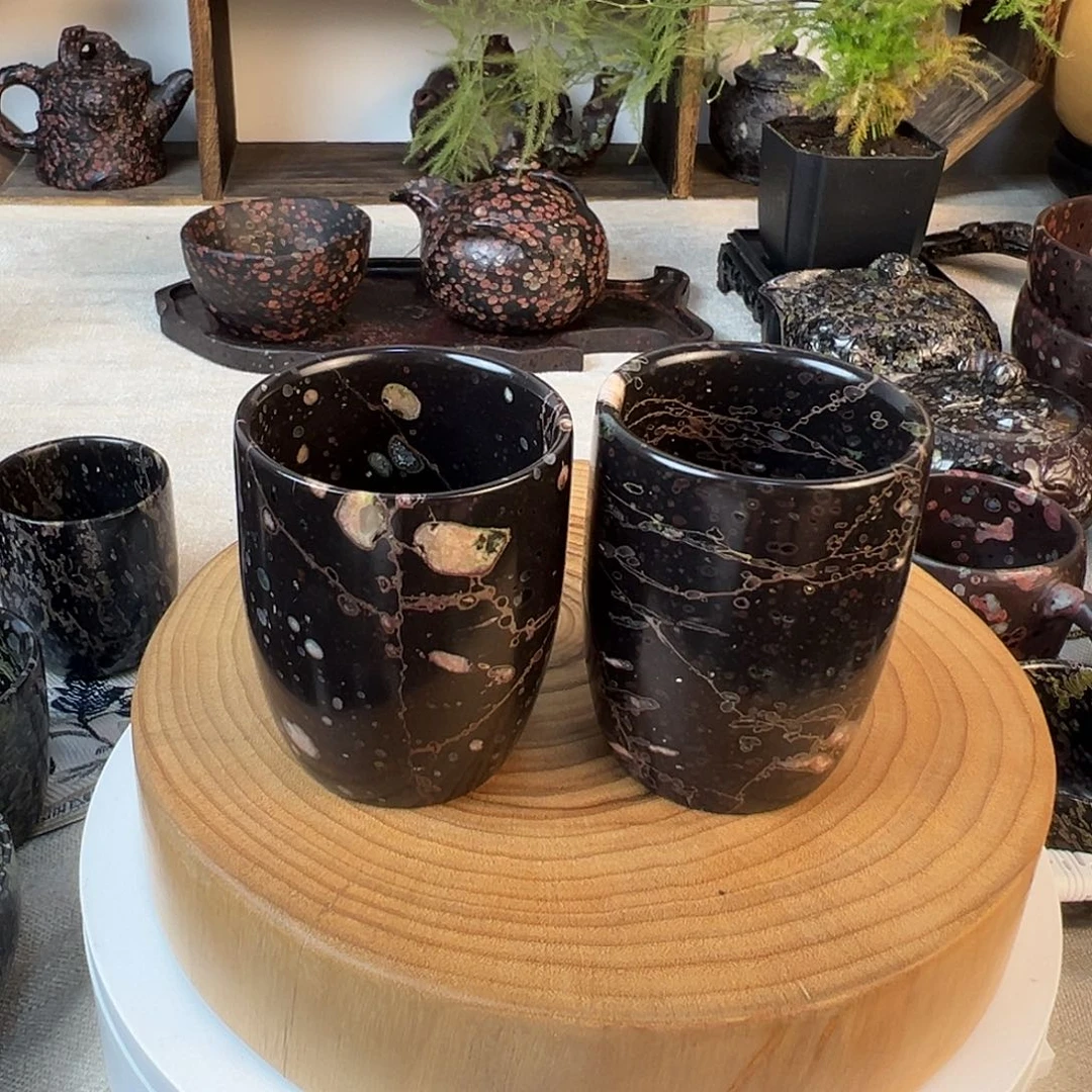 天***）梅花玉茶杯一对老坑料