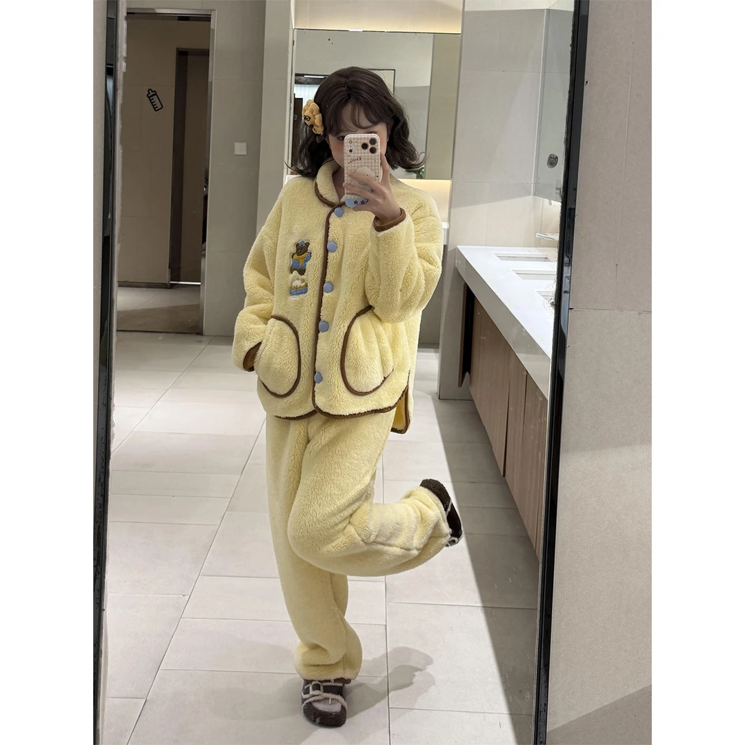 法式可爱少女卡通小熊印花睡衣女秋冬季加厚加绒保暖家居服套装冬