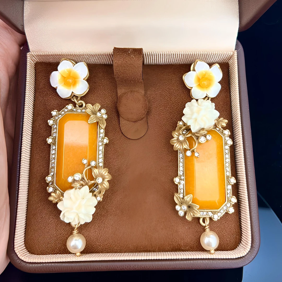 铜合金锆石耳饰 长款耳环复古宫廷风植物花朵镶嵌重工耳饰