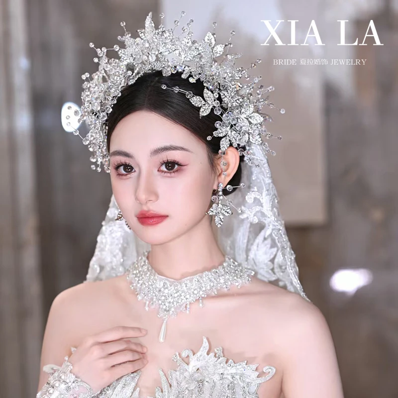 夏拉精致重工叶片闪钻水晶串珠新娘皇冠主婚礼婚纱跟妆发冠头饰品