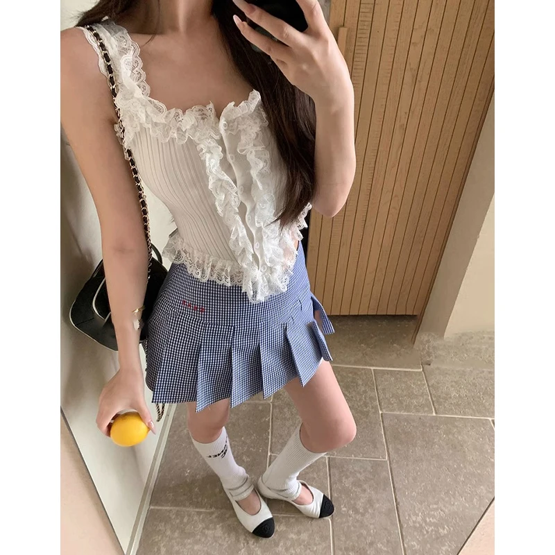 拼接蕾丝花边背心女夏季设计感小众修身上衣百搭显瘦格子百褶裙