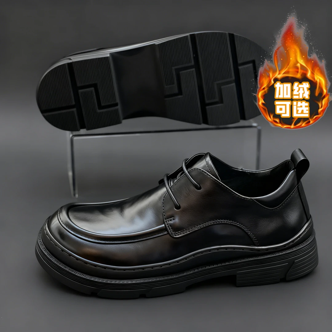 芒果头层牛皮纹手抓纹圆头系带休闲皮鞋男大头鞋厚底男士真皮百搭