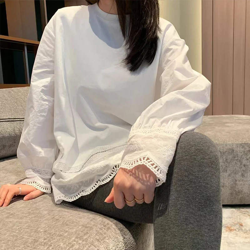 2025早春新款甜美气质花边打底衫长袖T恤女衬衫袖蕾丝拼接上衣潮