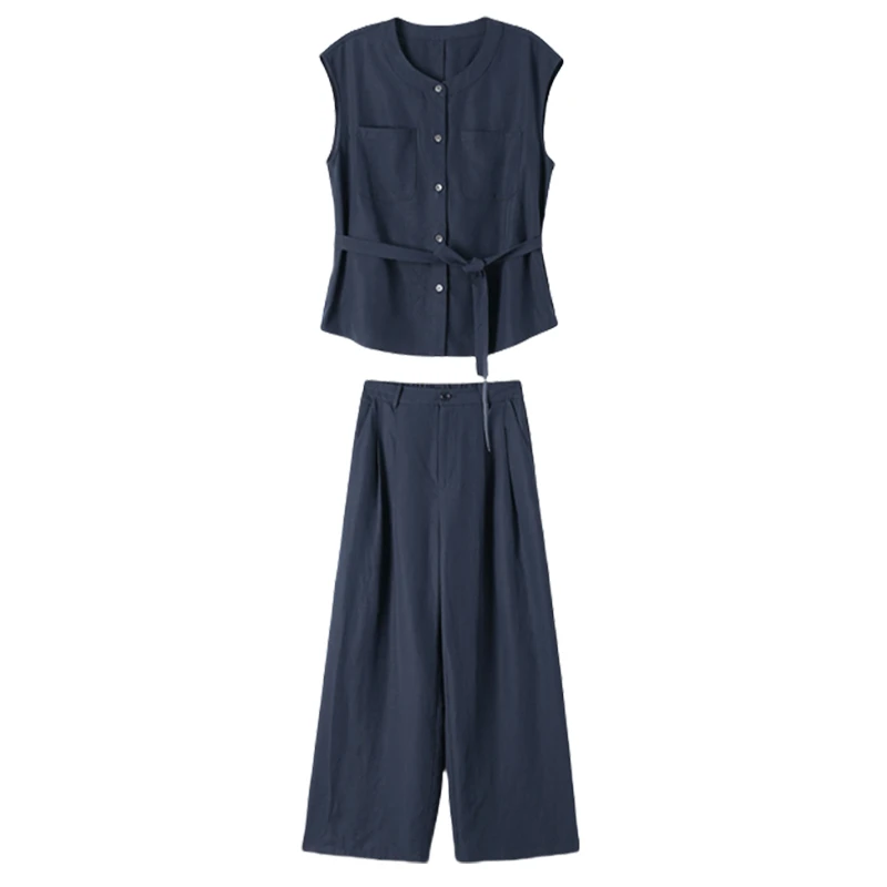 休闲简约松弛感套装女2025夏季新款无袖系带显瘦上衣阔腿裤两件套