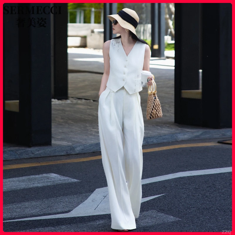 奢美姿品牌2025夏季新通勤设计感法式重工钉珠马甲西装裤套两件套