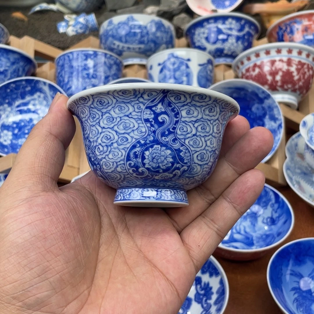 陶月楼  柴窑 祥云福禄压手杯