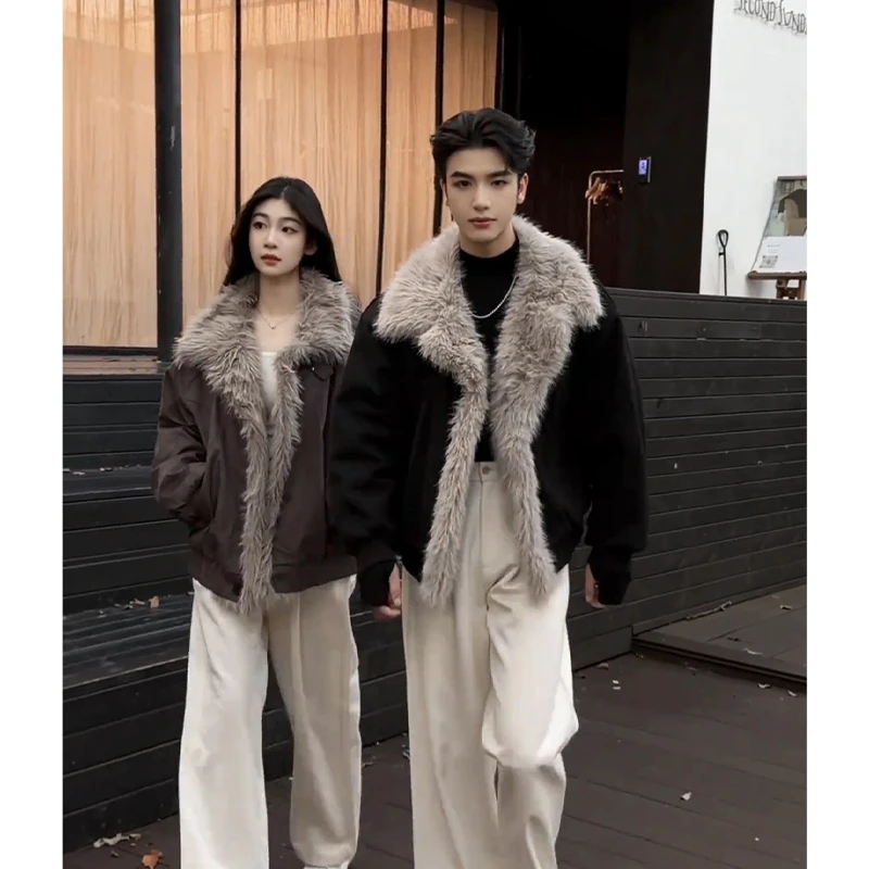 AIXKOM座山雕皮毛一体棉服男冬季加厚保暖设计感翻领棉衣夹克外套