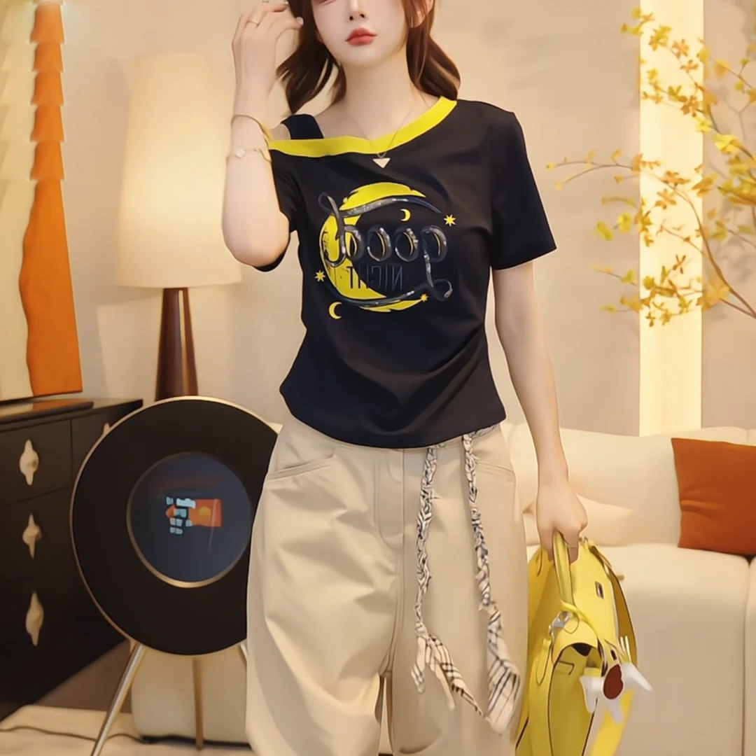 2025夏季新款印花露肩斜领短袖t恤女宽松显瘦百搭气质时尚上衣潮