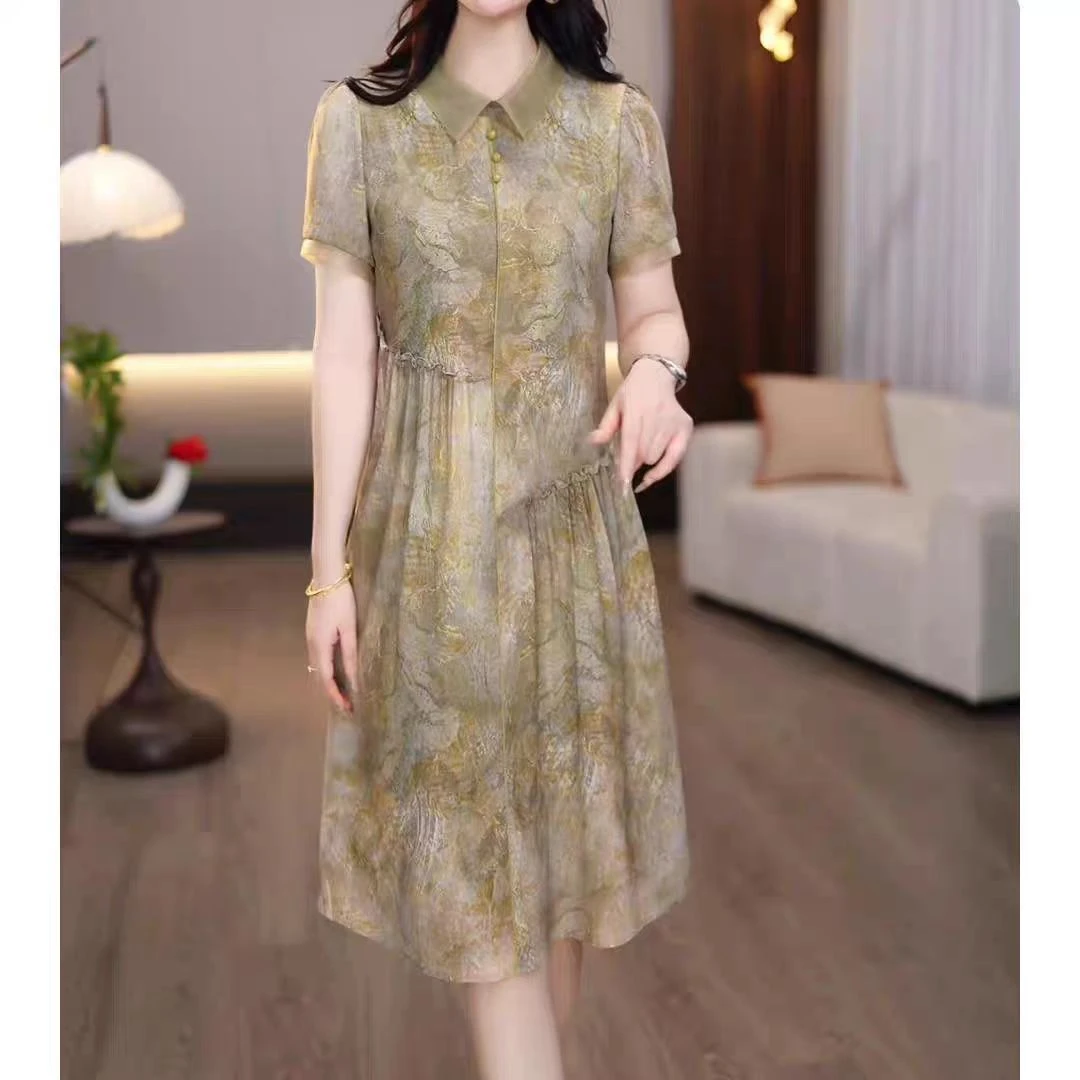 高端洋气花色连衣裙2025夏季新款小个子妈妈气质高贵减龄宽松裙子