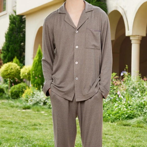 【岳姐姐专属】男士简约纯色翻领开衫长袖长裤家居服睡衣套装94221
