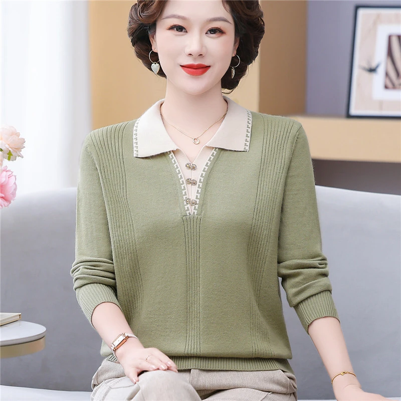 中老年女秋装洋气长袖打底小衫气质妈妈装秋季时尚休闲翻领针织衫