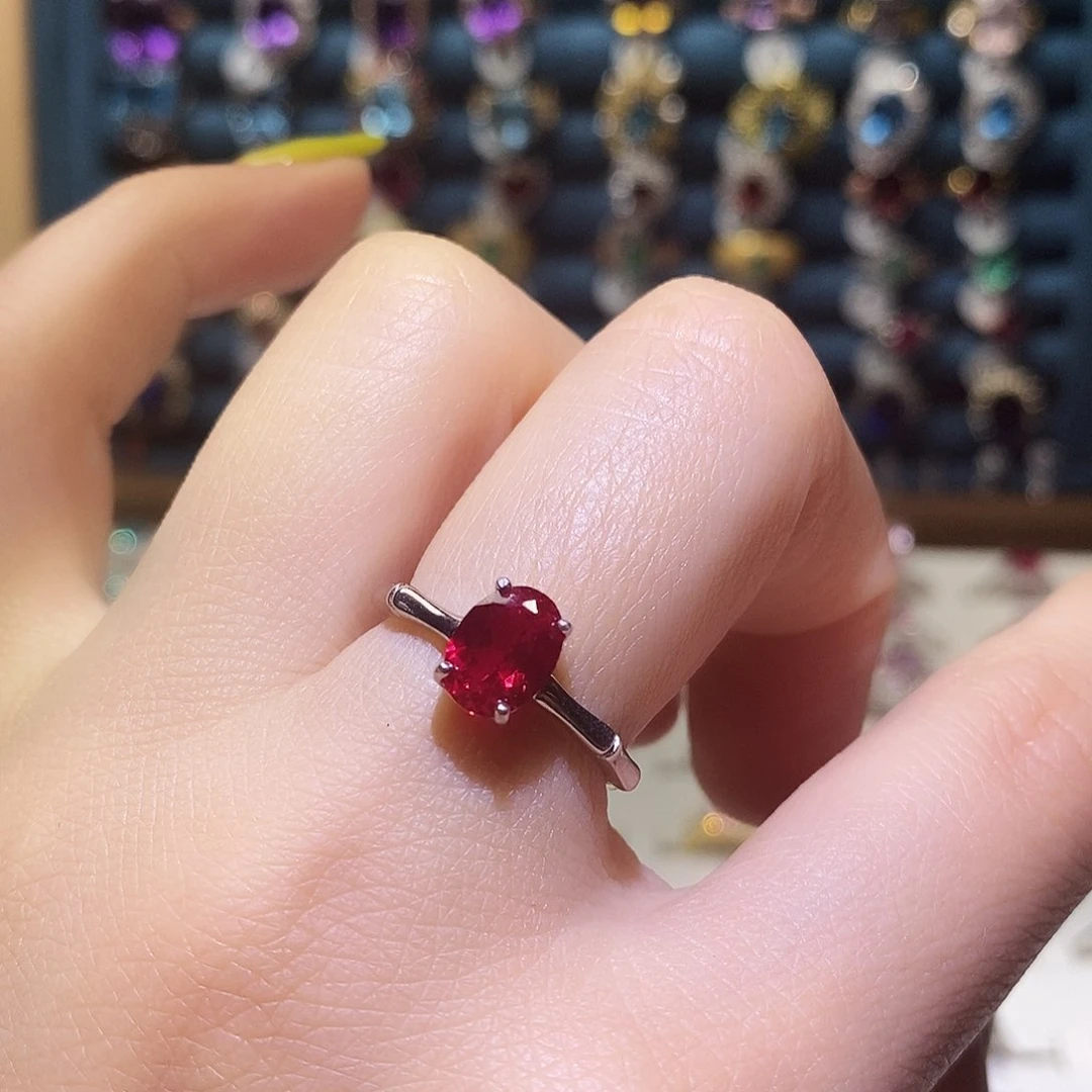 红宝石戒指银S925镶嵌氧化锆