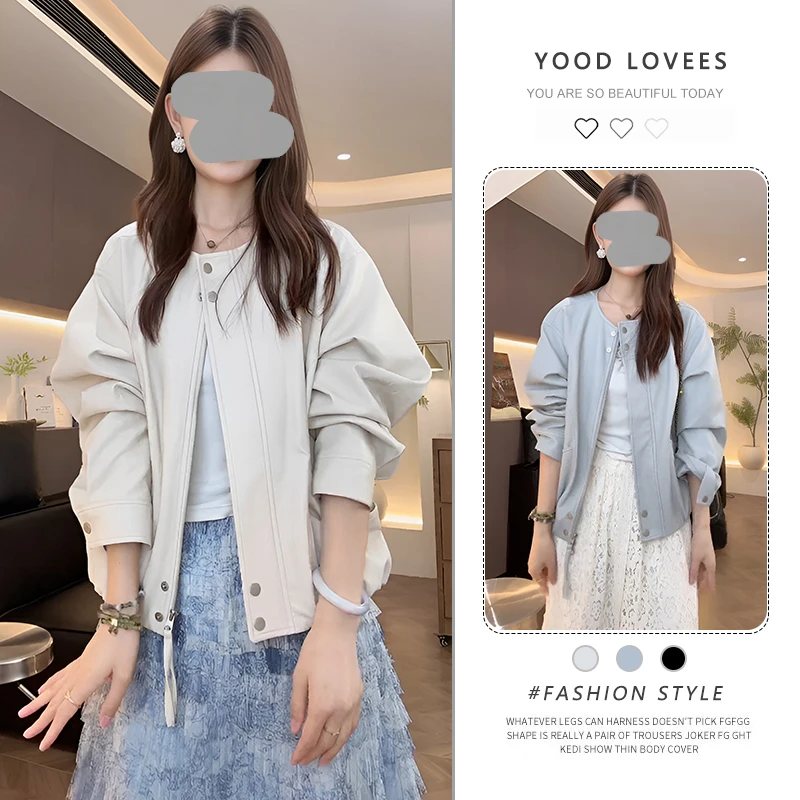 韩系复古纯色棒球服皮衣外套女2025春秋宽松显瘦圆领夹克长袖上衣