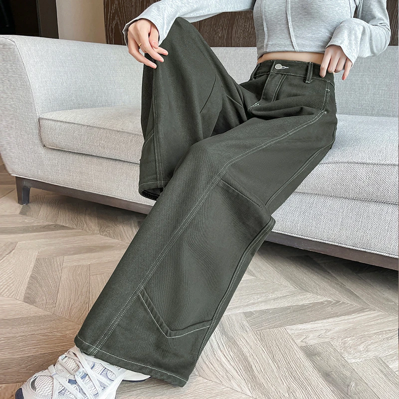 深绿色超火弯刀阔腿牛仔裤2025秋季女新款宽松梨型身材遮肉镰刀裤