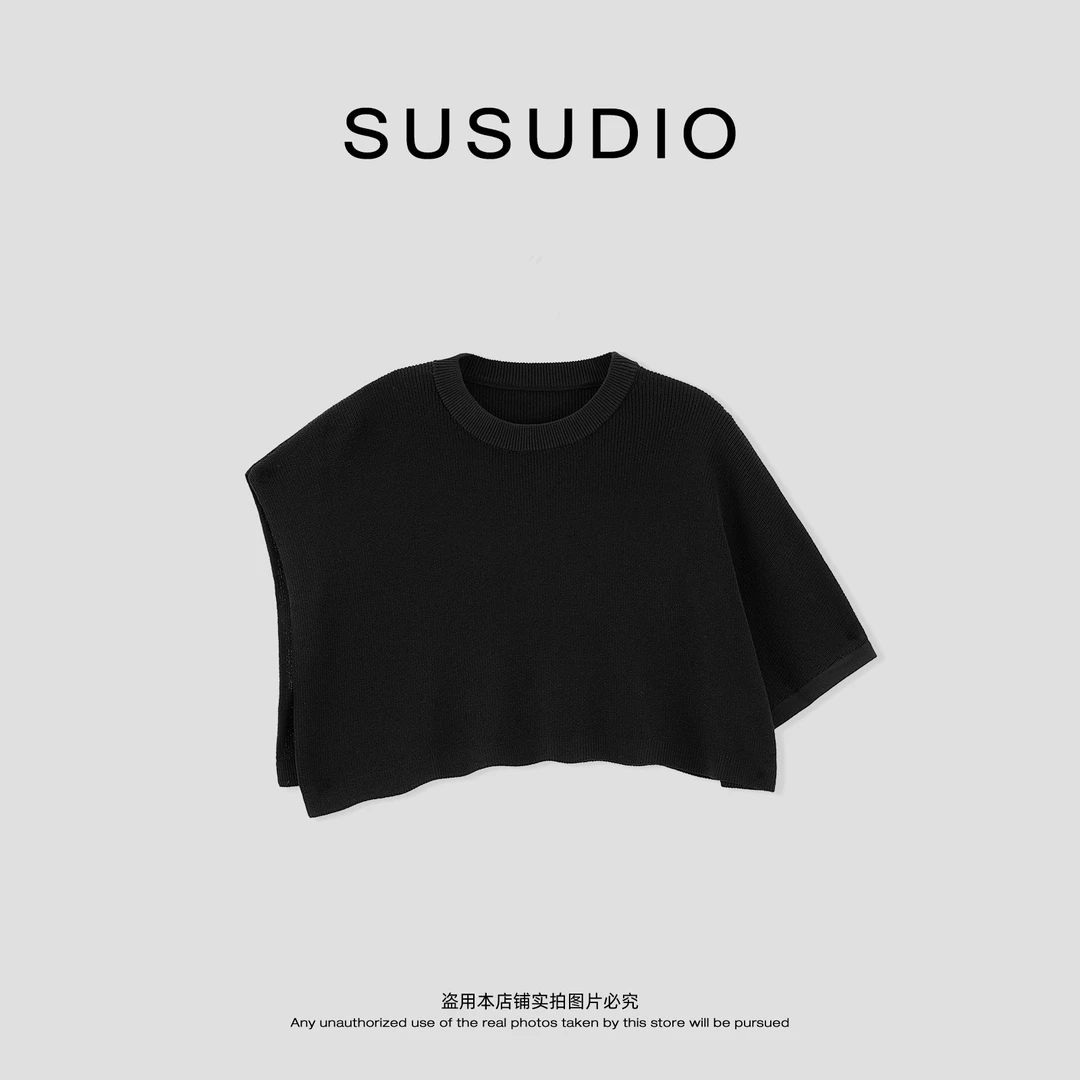 SUSUDIO 松弛感百搭宽松显瘦柔软透气黑色披肩叠穿针织衫 Z6029