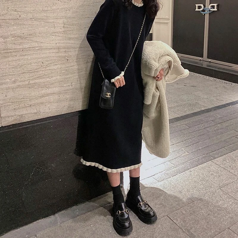 大码女装秋季新款连衣裙长袖宽松腰韩版长裙休闲风圆领毛衣裙冬天