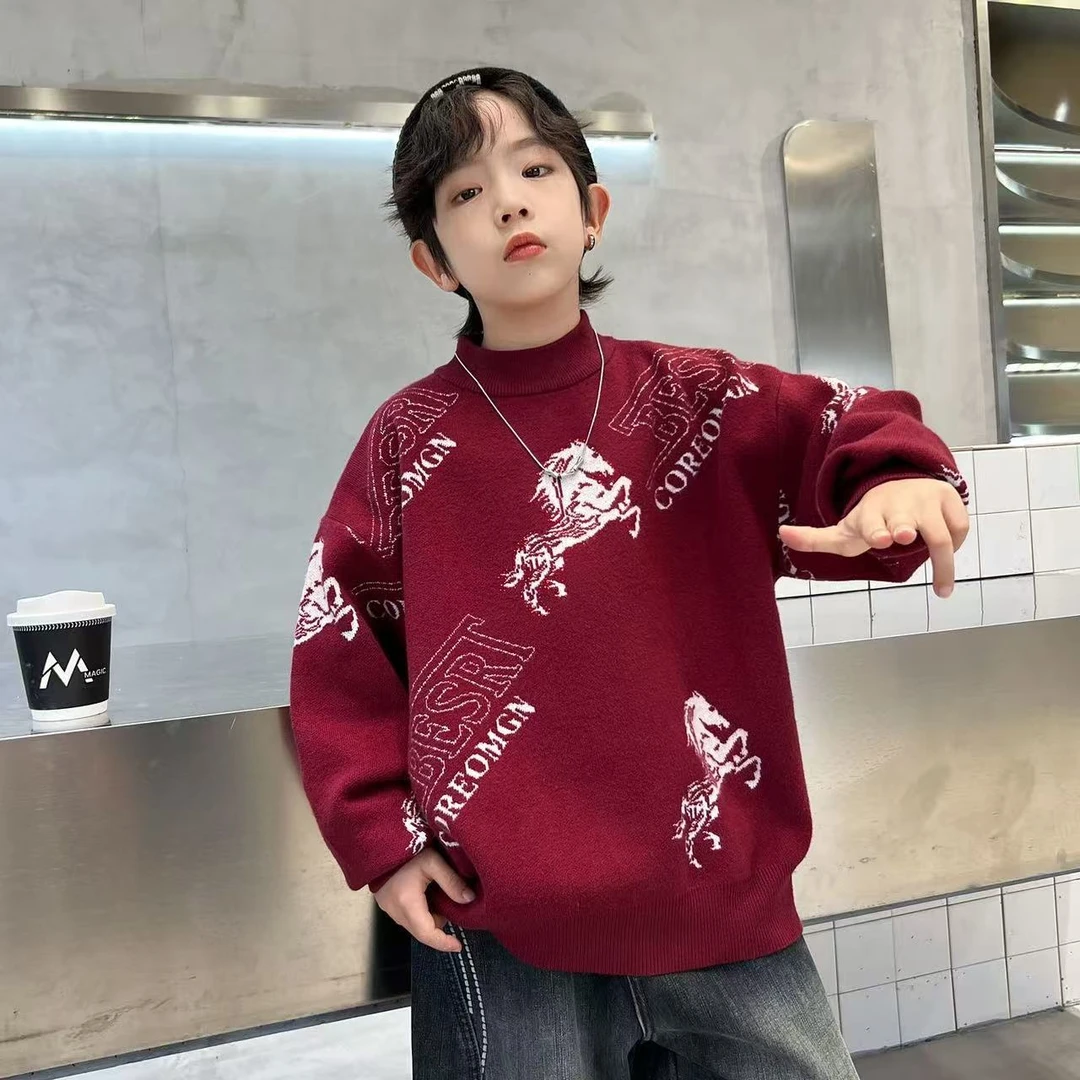 【不起球】男童毛衣2026新款秋冬中大儿童马到成功套头加厚针织衫