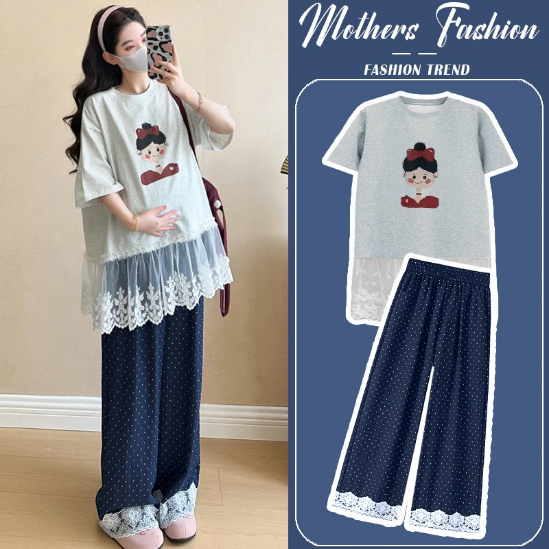 孕妇套装夏季2025新款米杏色宽松时尚休闲蕾丝拼接上衣裤子两件套