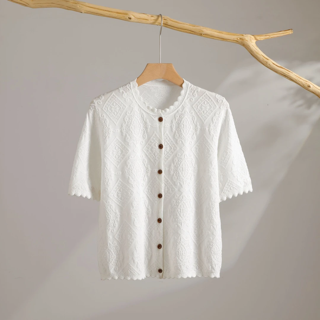 衬衫开衫桑蚕丝圆领提花女装V领宫廷风花纹纯色8137